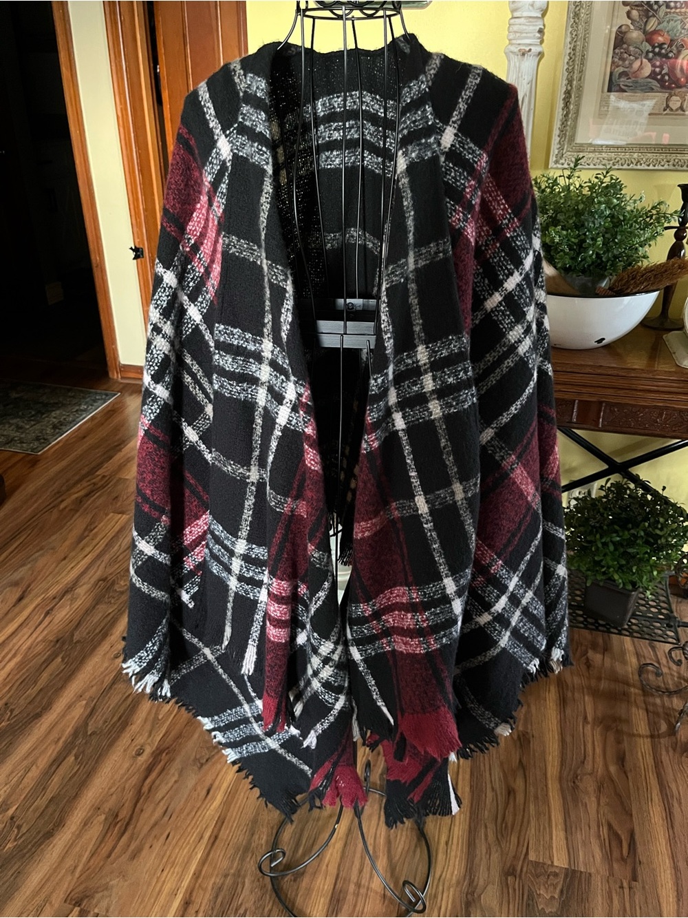 Plaid Open-Front Cape Wrap Jacket - Black & Burgundy